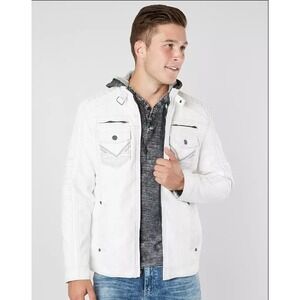 Buckle Black Mens White Faux‎ Leather Full Zip Y2K Hoodie Jacket Combo Sz L Edgy